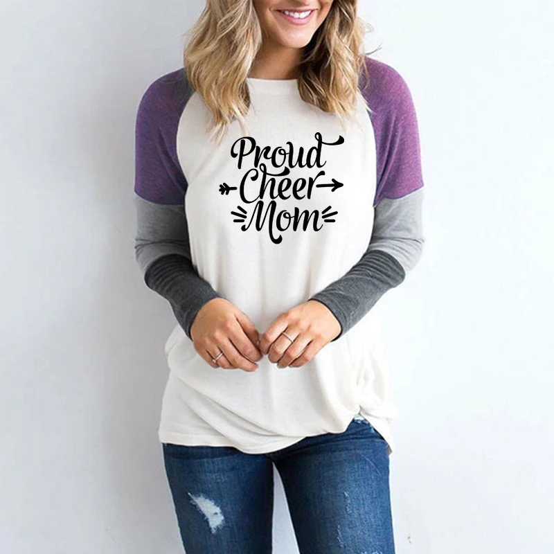 

Proud Cheer Mom Print Splice T-Shirt Female Harajuku Punk Mother Day Gift Long Sleeve Sexy Tops Women Silicone Tees