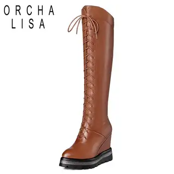 

ORCHA LISA Women genuine leather Autumn winter Warm Wedges High heel boots Shoes woman Platforms Long high boots Botas A780