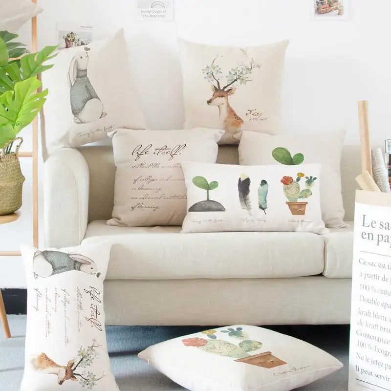 

Hand Painted Cute Deer Pillow Simple Small Animal Rabbit English Text Feather Cactus Pot Plant Cushion For Kids Bedroom Decor