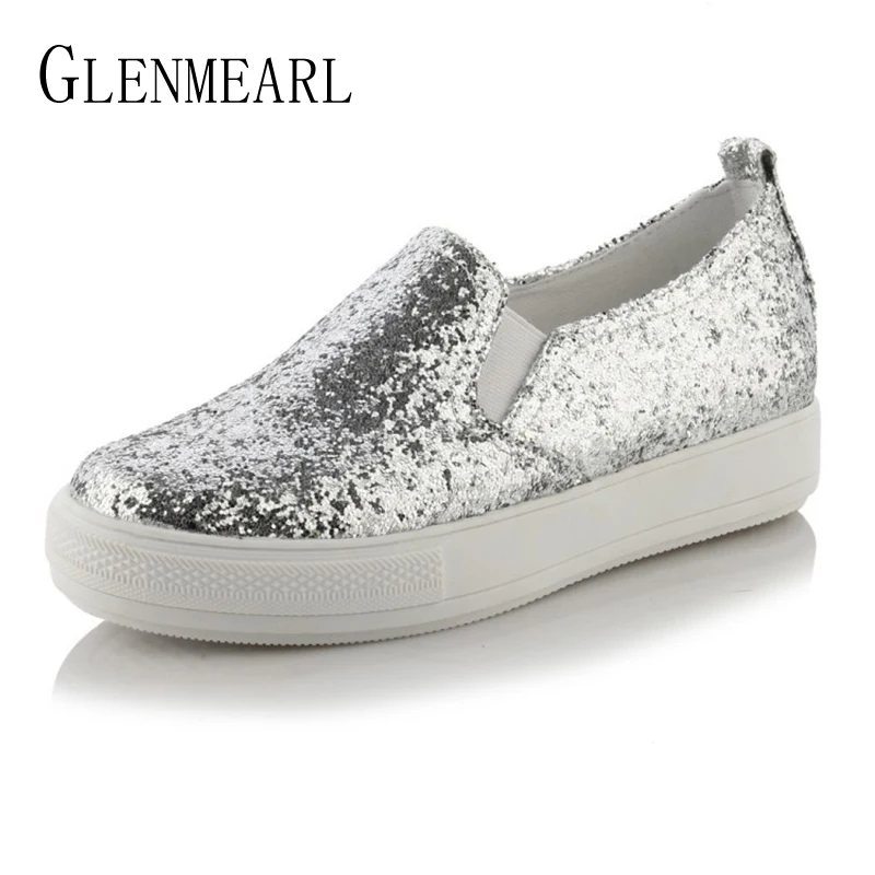 

Sequined Women Shoes Loafers Flats Woman Brand Platform Thick Heels Casual Comfort Ladies Lazy Shoes Plus Size 34-44