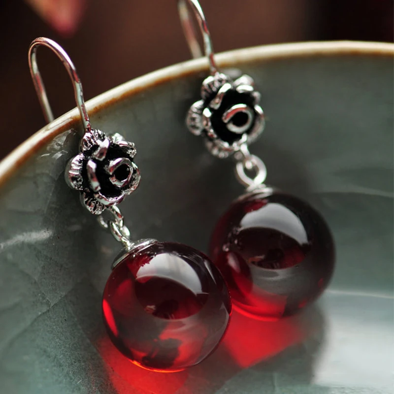 

Real 925 Sterling Silver Jewelry Red Garnet and White Opal Natural Stone Retro Beautiful Rose Flower Carved Earrings for Women