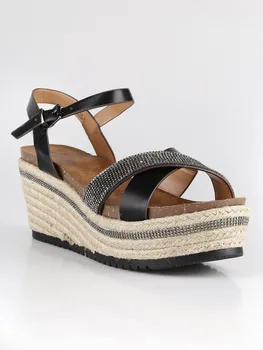 

SOLADA black sandals with rhinestone and wedge rope