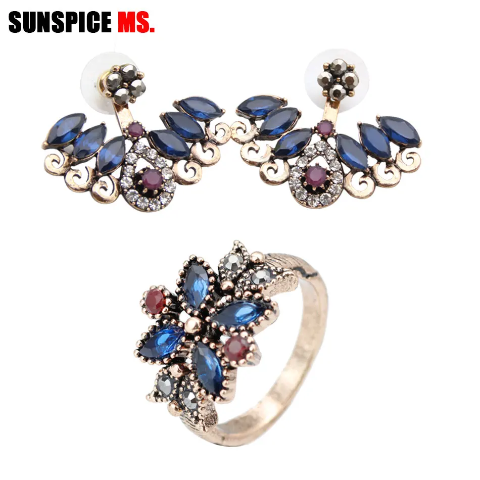 

SUNSPICE MS Retro Vitnage Turkish Women Ethnic Rings Sets Bridal Wedding Jewelry Double Side Female Stud Earrings Turkish Bijoux