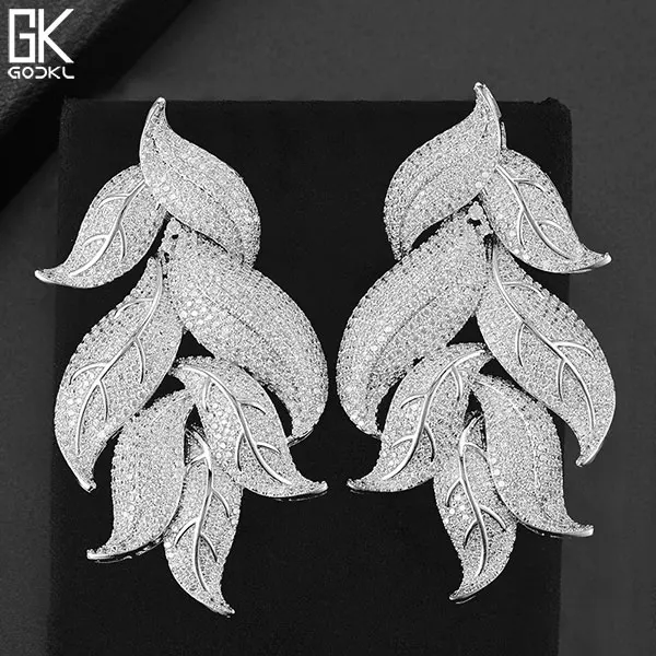 GODKI 72 мм роскошные длинные висячие серьги в виде листьев в нигерийском стиле для женщин, циркониевые кристаллы CZ, африканские индийские серебряные свадебные серьги в Дубае - Окраска металла: Silver