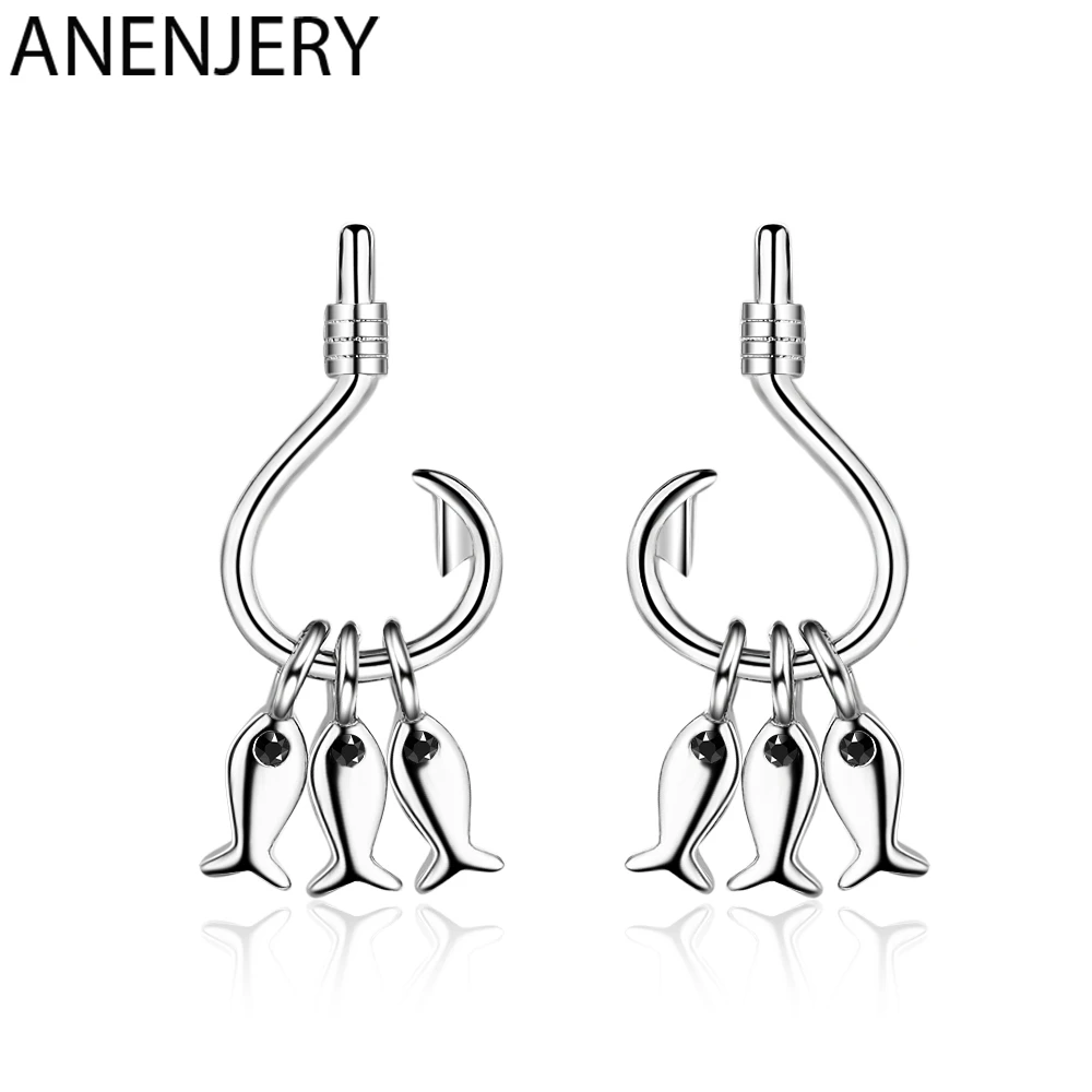 Женские серьги Крючки ANENJERY Серебристые с 925 пробы и кисточками в виде рыбы