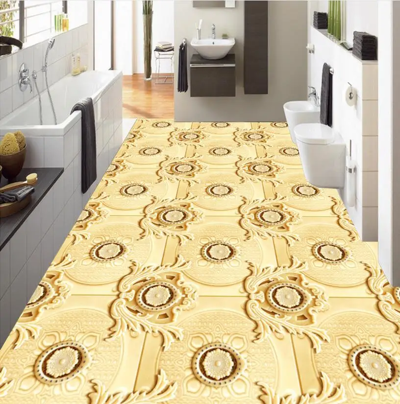 

High-grade gold 3d mural bathroom flooring custom 3d photo floor self-adhesive waterproof wear pvc plastic flooring