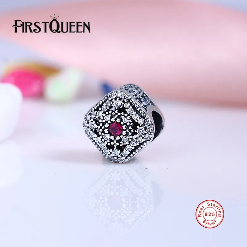 

FirstQueen Fit Brand Bracelets Vintage Cerise Crystal & Clear Charm For Jewelry Making 925 Sterling Silver AAA CZ Flower Beads E