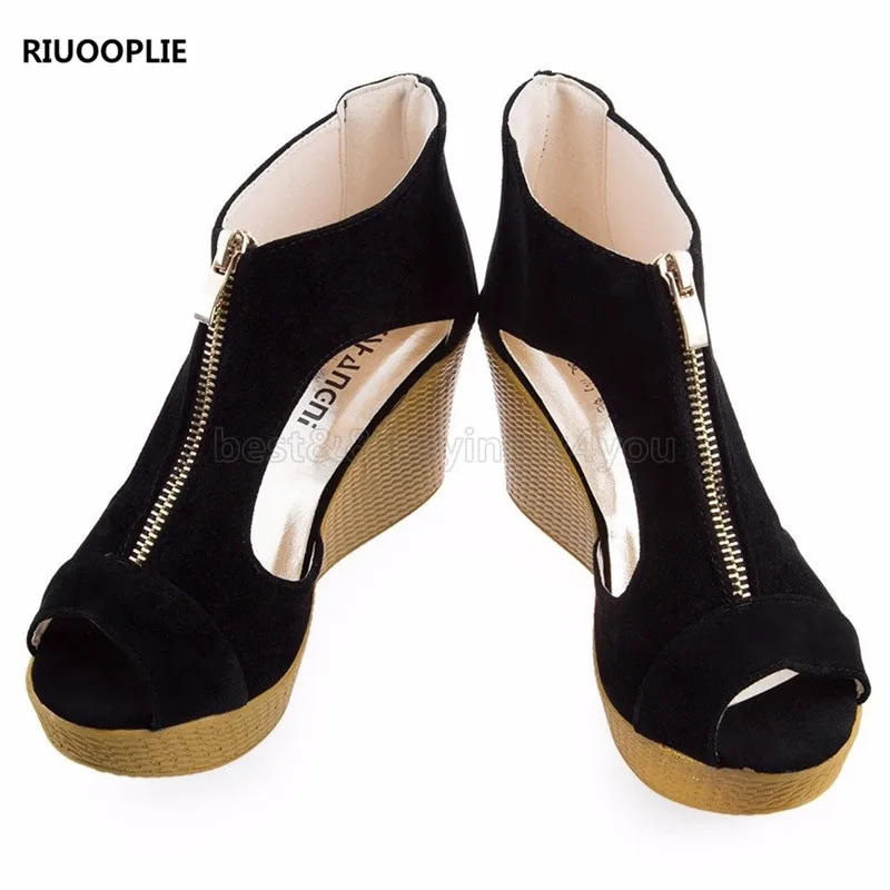 

RIUOOPLIE Ladies Open Toe With Zippers Wedges High Heels Toe Fish Head Platform Sandals