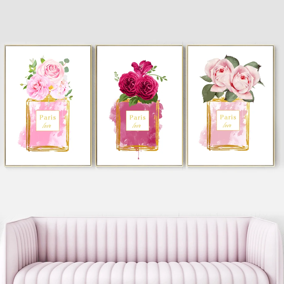 

Watercolor Pink Rose Paris Love Perfume Wall Art Canvas Painting Nordic Posters And Prints Wall Pictures For Living Room Decor