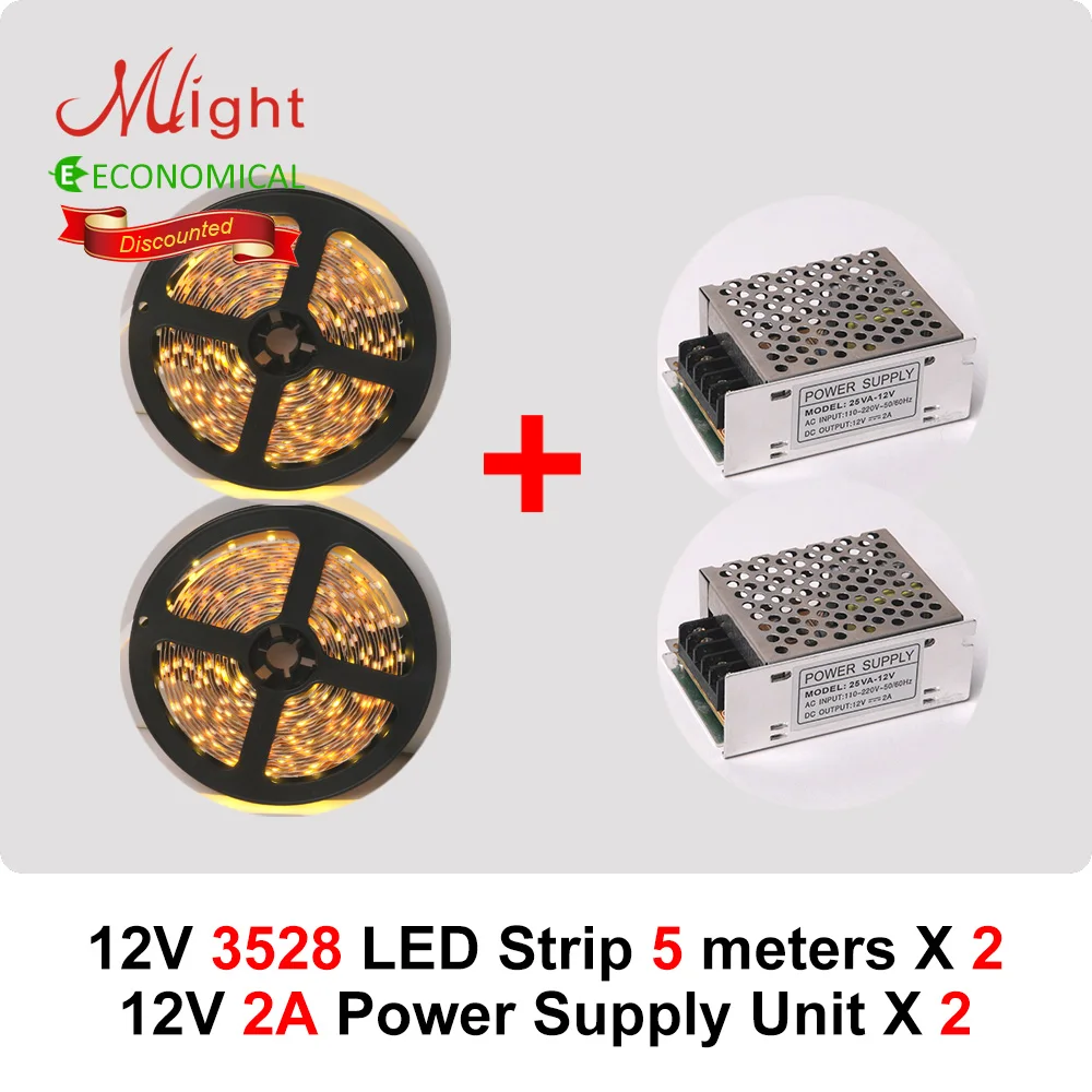 Free Shipping two 5 meters 12V 3528SMD LED Rope Lights & two 24W Power