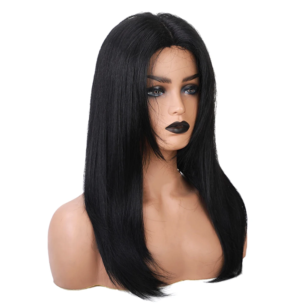 

Long Middle Part Wig Natural Human Hair Straight Bangs Black for Hairstyling, 24 Inch