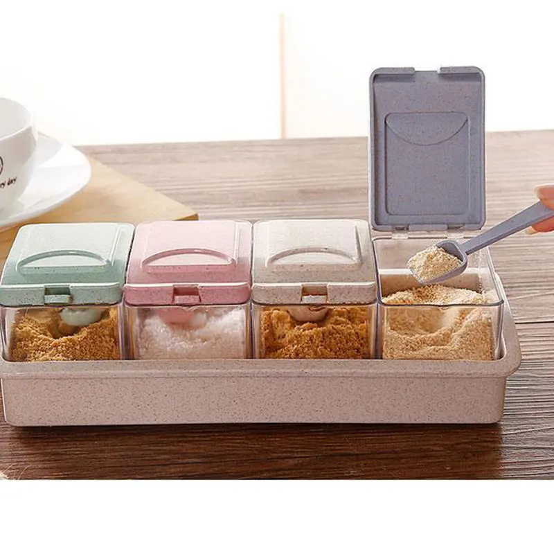 

Environmentally Friendly Wheat Straw Stuffing Box Four-grain Seasoning Cans With Small Spoon Kitchen Seasoning Salt Shaker
