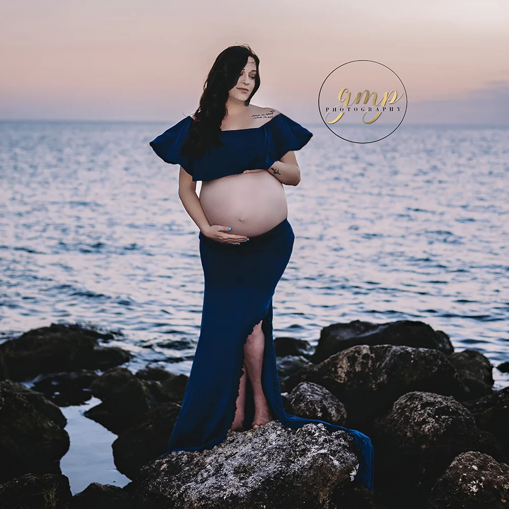 Fora do Ombro Vestido de Maternidade Fotografia para Sessão de Fotos do Vestido Colarinho Plissado Adereços Fotografia Gravidez Grávida Vestido Maxi d & j 13 High Quality Mamãe e Bebê