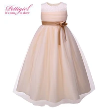 Pettigirl/Новинка; модные бежевые вечерние платья для больших девочек с цветочным поясом; детское свадебное платье с бисером; детская одежда длиной до щиколотки