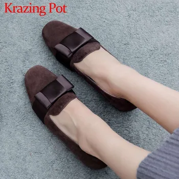 

Krazing pot full grain leather sweet butterfly-knot fairy classic square toe low heels handmade young lady shallow pumps L7f4
