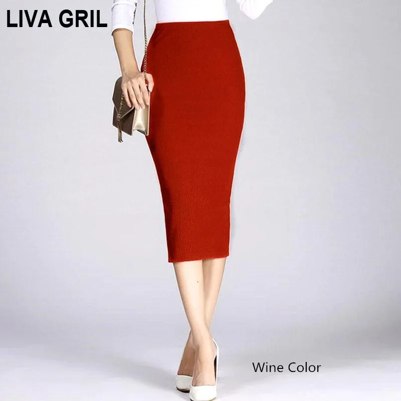 

LIVA GRIL 2018 Women High Wasit Knitted Cotton Pencil Skirts Elastic Solid Slim Long Skirts Split Package Hip Maxi long Skits