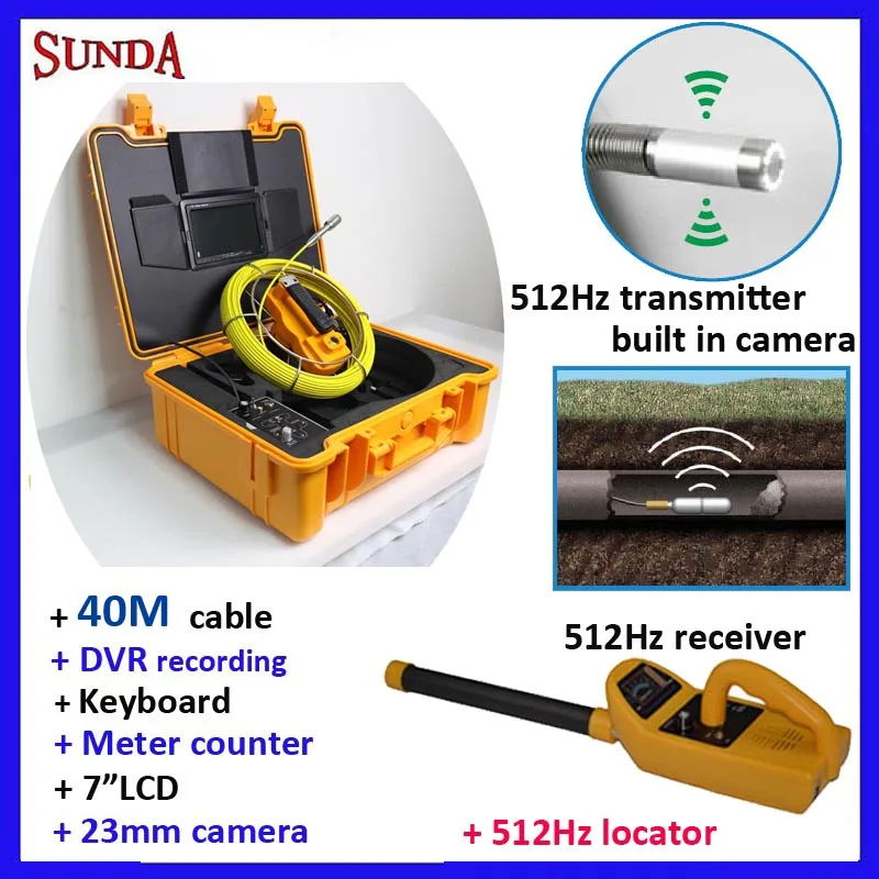 

40M Pipe Sewer Inspection Camera 512HZ locator DVR keyboard meter counter fiberglass cable 7inch screen
