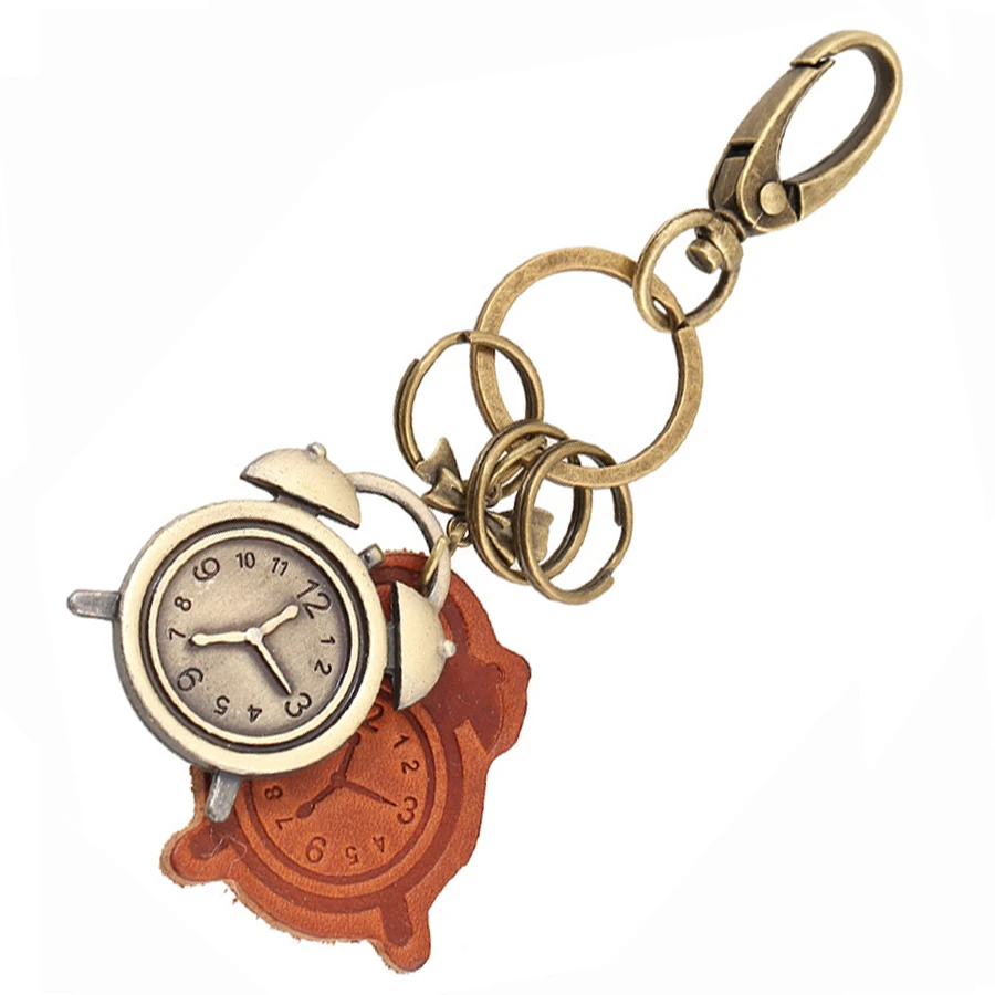 Personalized Genuine Leather Bronze Alarm Clock Keychain Charm Bag