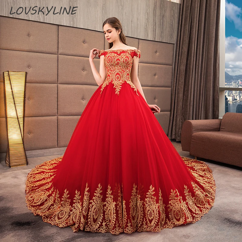 

2018 Vintage Off the shoulder Lace Boat Neck Sweep Train Red Wedding Dress Plus Size Ball Gown Robe de Mariee Vestido De Noiva