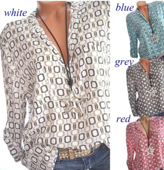 

Large size Women's Blouse 2019 spring new fashion V-neck print long-sleeved Women Shirt