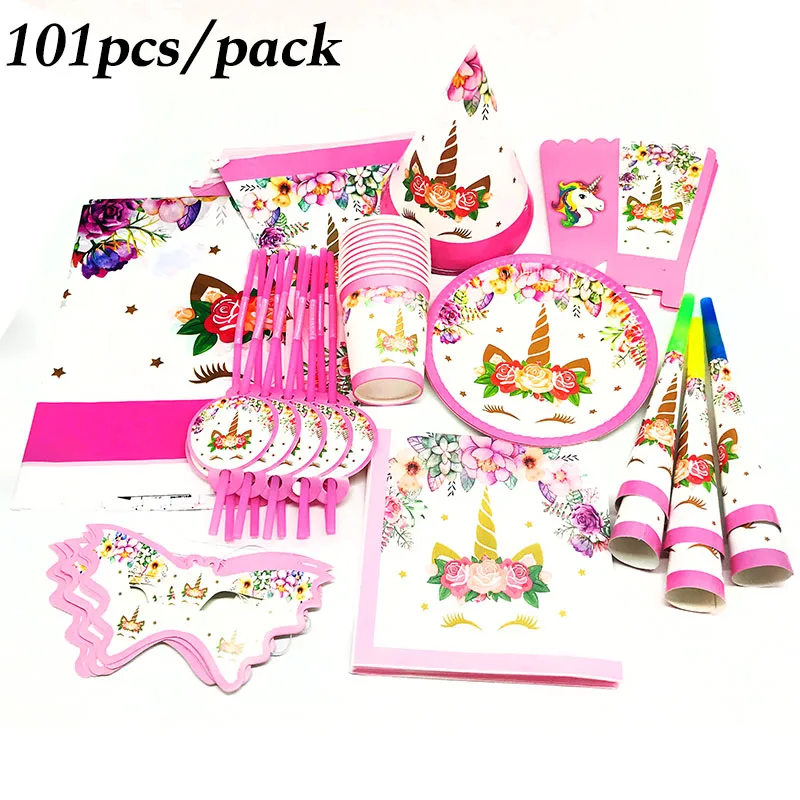 101pcs/pack Pink Unicorn birthday party decorations disposable plates cups napkins tableware sets | Дом и сад
