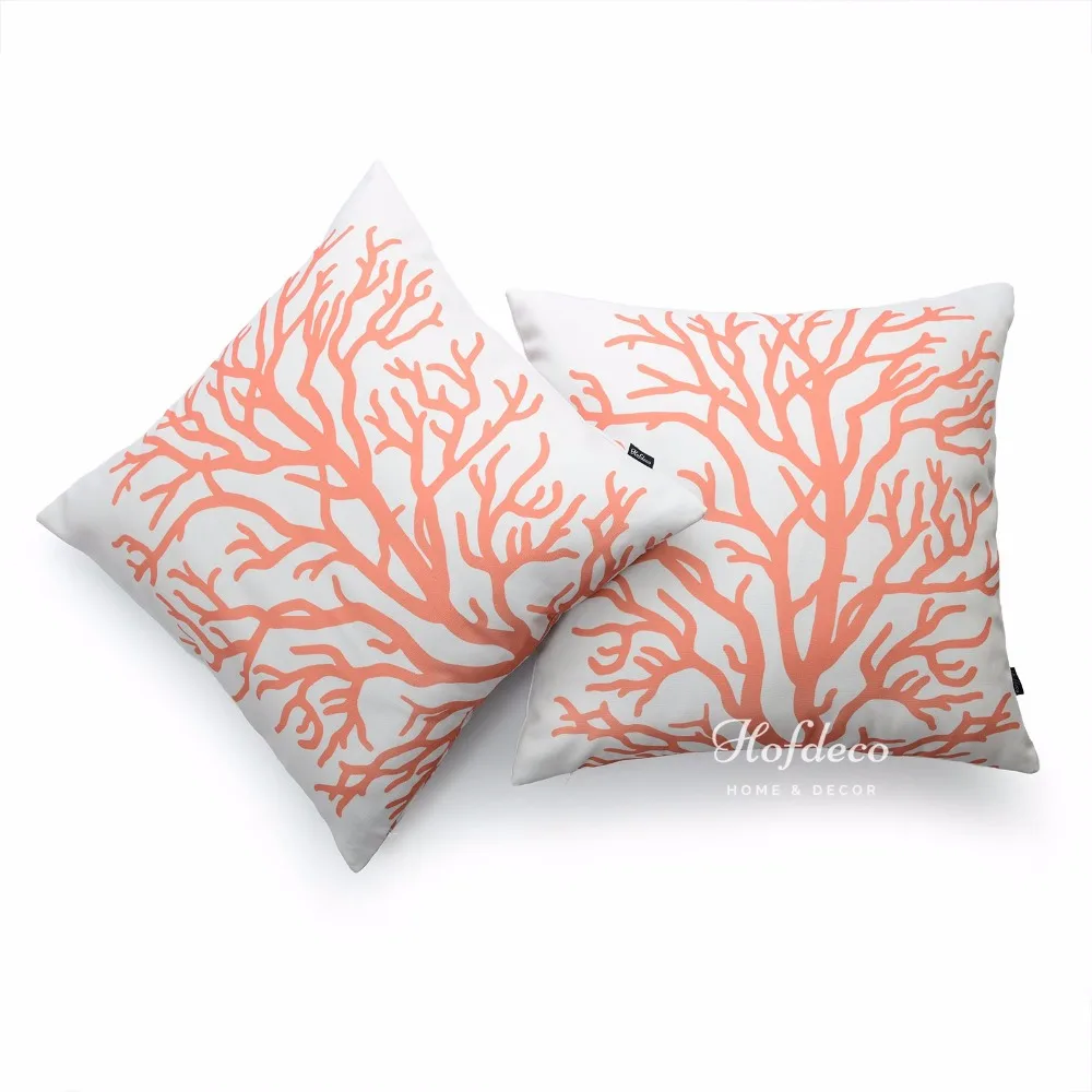 2Pcs Throw Pillow Cover Set Canvas Coral Ivory Coastal Nautical Sofa