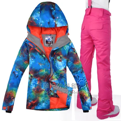 Gsou Снежная полоса для женщин лыжная куртка+ брюки супер теплый ветрозащитный водонепроницаемый кемпинг езда на лыжах Сноуборд утолщаются тепловой набор - Цвет: Color 1