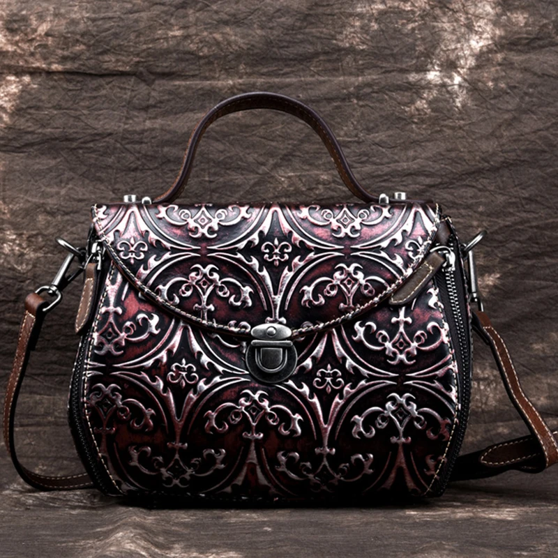 

High Quality Cowhide Top Handle Bag Shoulder Messenger Handbag Brush Color Tote Crossbody Genuine Leather Women Embossed Bags