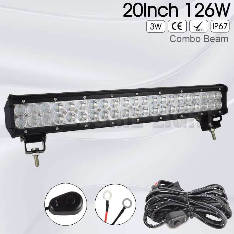 FREE TAX 20inch 126w Double Rows offroad car auto IP67 waterproof 24v work lamp wiring harness