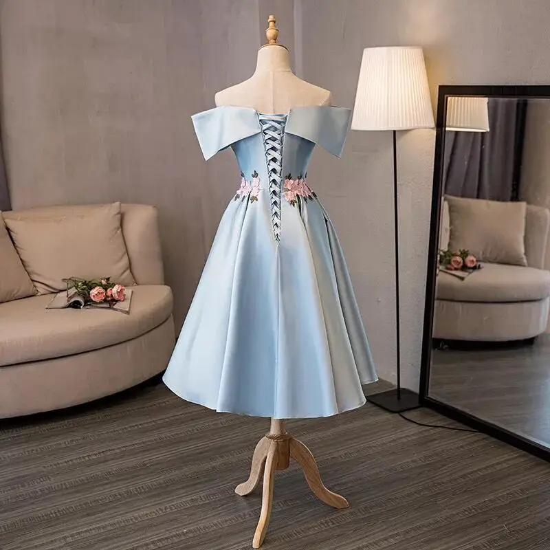 Xnxee новая небесно-Голубая атласная Кружевная аппликация платья для свадебной вечеринки с открытыми плечами Формальные Вечерние платья Vestidos Swing