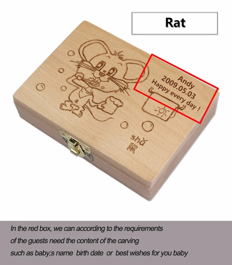 Зубная коробка-органайзер для детей, деревянная коробка для хранения молочных зубов, отличные подарки для детей от 3 до 6 лет, креативная для детей, Chineses zodiac RAT