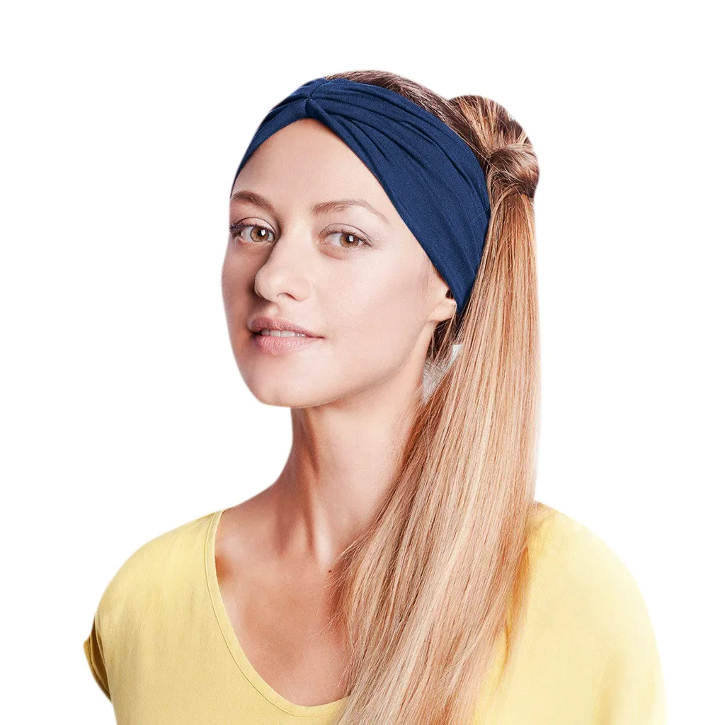 Повязки На Голову женские белые хлопок тюрбан с узлом на голову повязка на голову широкая эластичная повязка на голову спортивные аксессуары для волос для йоги-30 - Цвет: Blue