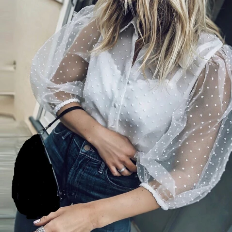

Women Floral Embroidery Mesh Polka Dot Sheer See-through Puff Sleeve Shirts Blouse Lolita Style