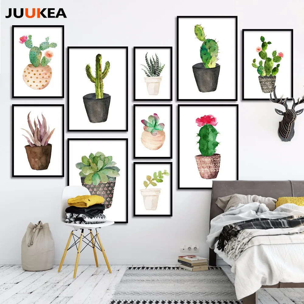 

Nordic Watercolor Succulent Green Plants Canvas Art Print Poster, Cactus set Wall Paintings For Living Room Modern Home Decor