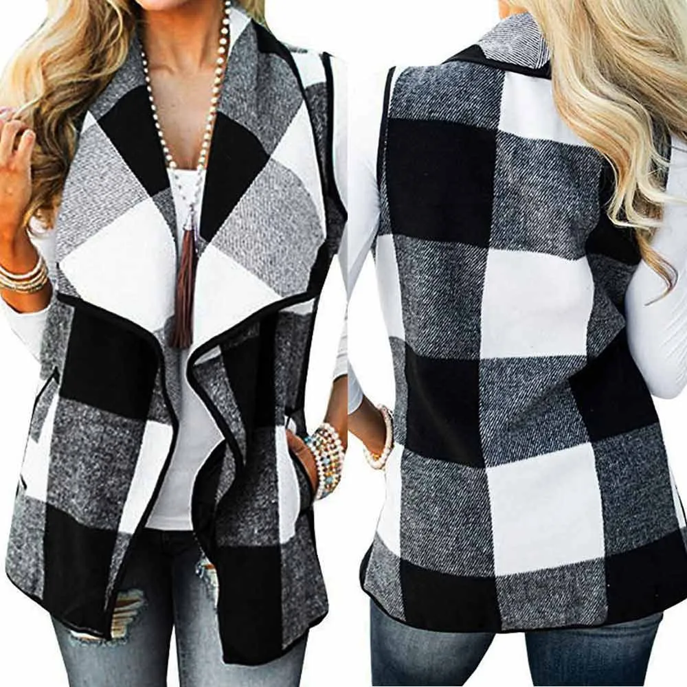Autumn Womens Vest Plaid Sleeveless Lapel Open Front Cardigan Sherpa Jacket Pockets Coat