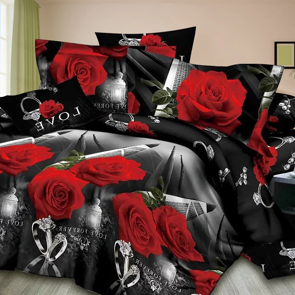 

DIDIHOU3/4PCS Bedding Set Flower Rose Print Bed Linen For Duvet Cover Pillowcase Bedclothes Room Decoration Home Textile
