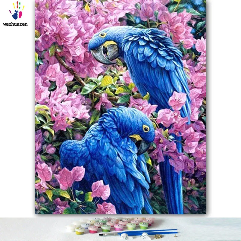 DIY картинки для раскраски по номерам с цветами синий Попугай Картина Рисунок Живопись по номерам в рамке дома
