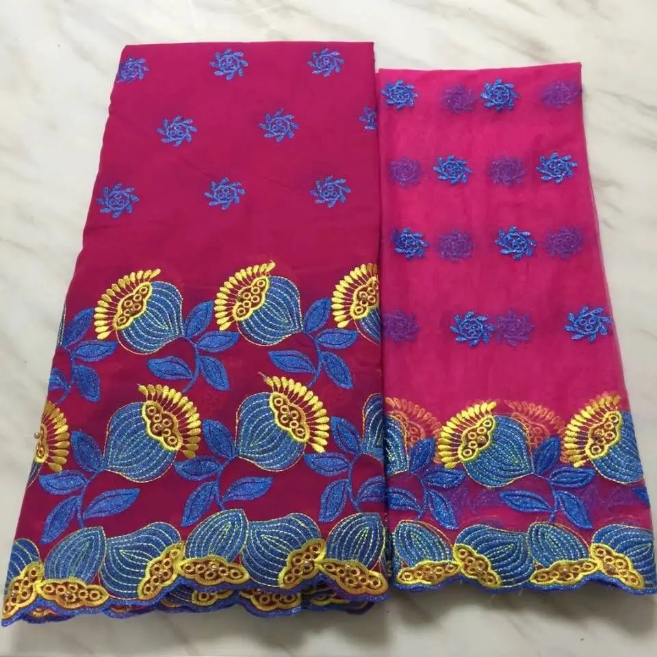 

5Yards/pc Wonderful fuchsia african cotton fabric with blue flower design and 2yards french net lace set for dress BC17-4