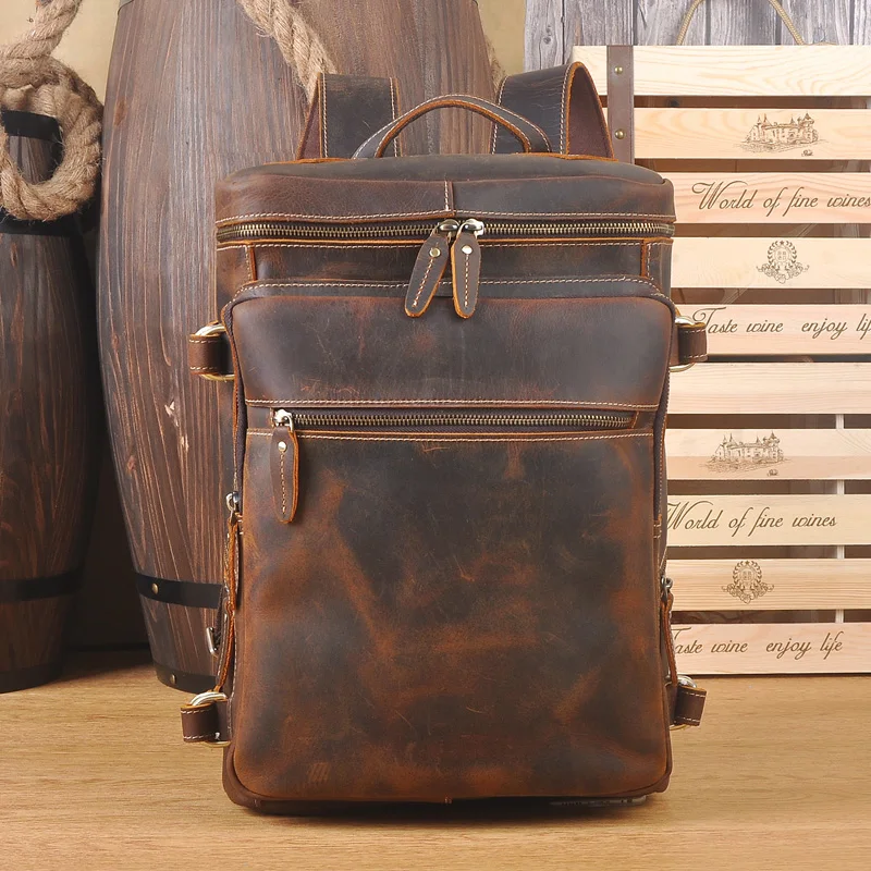 

Men Real Genuine Leather Vintage Travel Bag University School Book Bag Cowhide Design Male Backpack Daypack Student Bag