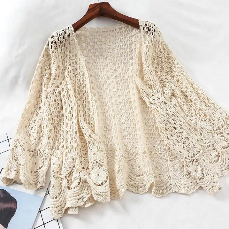 

Women Basic Beige White Knitted Sweater Three Quarter Sleeve Hollow Out Female Casual Cardigan Summer Beach Chic Tops T162