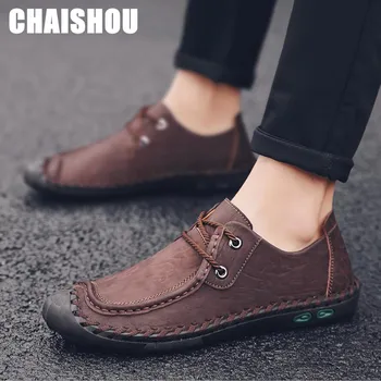 

2019 Genuine Leather Men Casual Shoes Mens outdoor Loafers Moccasins hand-stitched Slip on Black Driving Plus Size 39-47 D-171