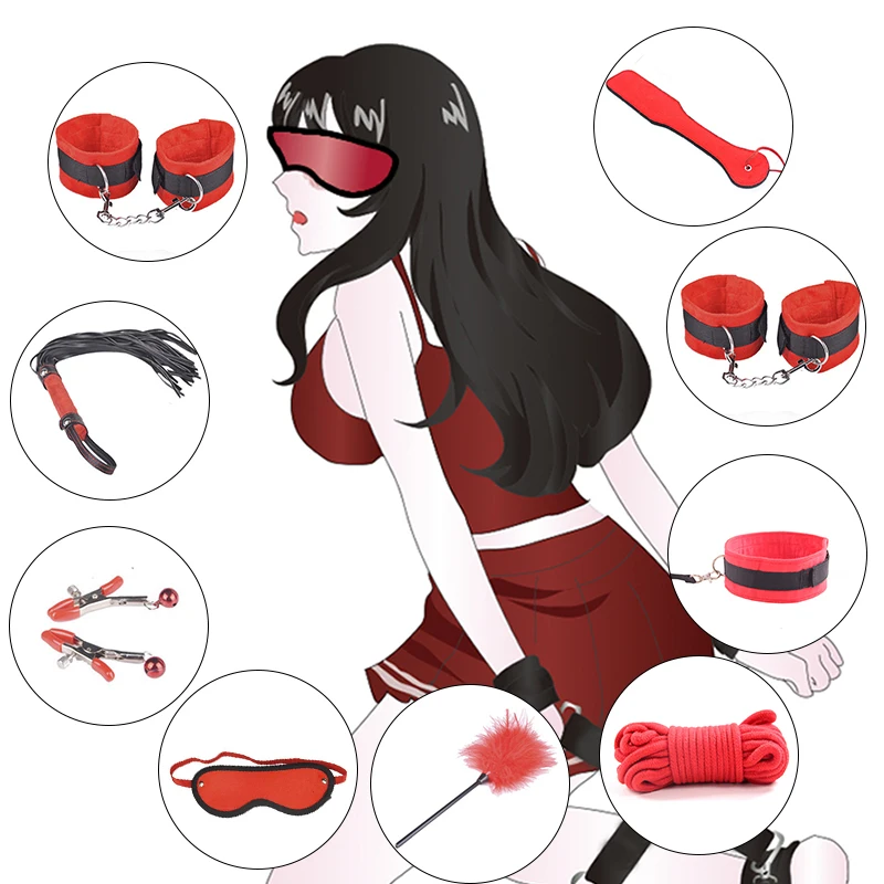 SM Sex Bondage Kit 9 Pcs Adult Games Set Handcuff Footcuff Whip Rope Blindfold for Couples Erotic Toys Products |