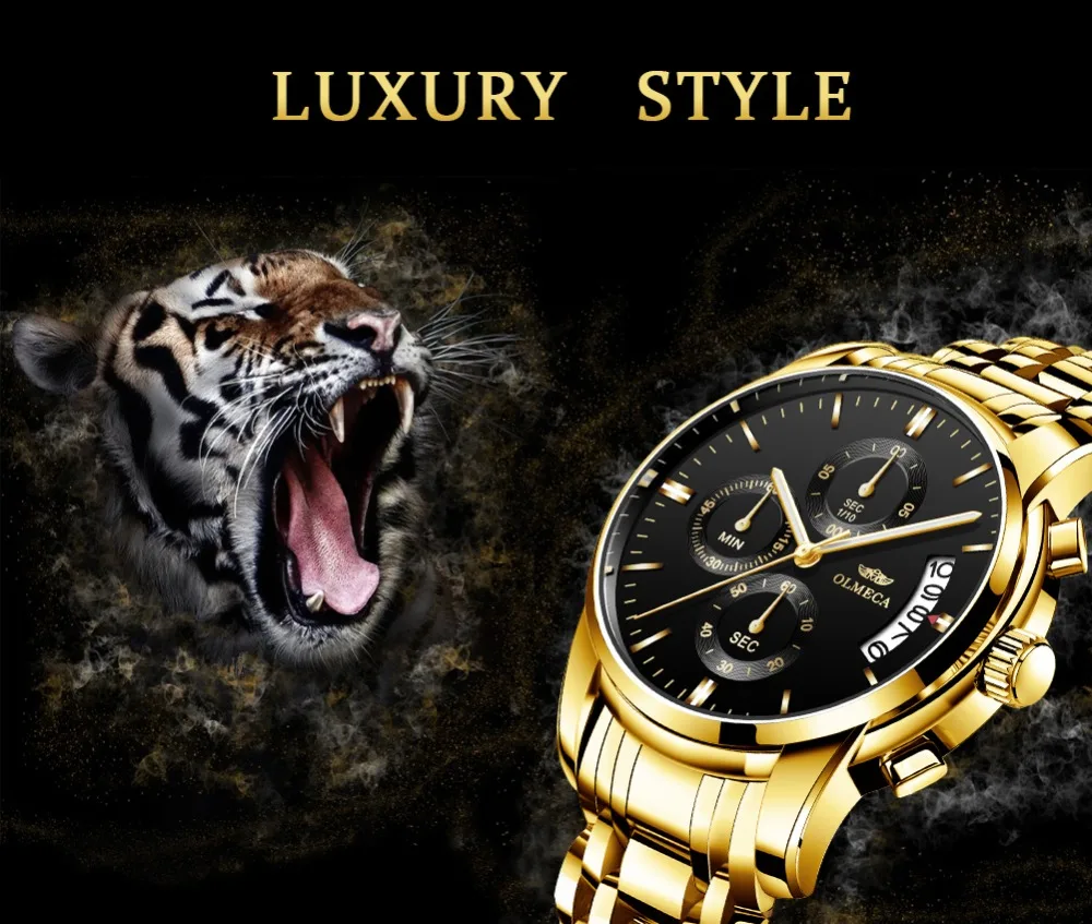 OLMECA мужские часы с хронографом, спортивные мужские часы, Топ бренд, Роскошные водонепроницаемые полностью Стальные кварцевые золотые часы, мужские часы