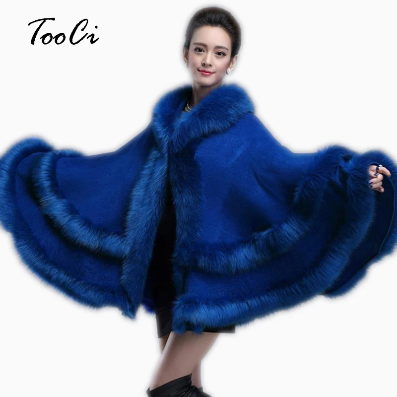 Новое синее женское меховое пальто с двойным декором из искусственного лисьего меха, меховая шаль, Модное теплое пончо, накидка, вязаный кардиган