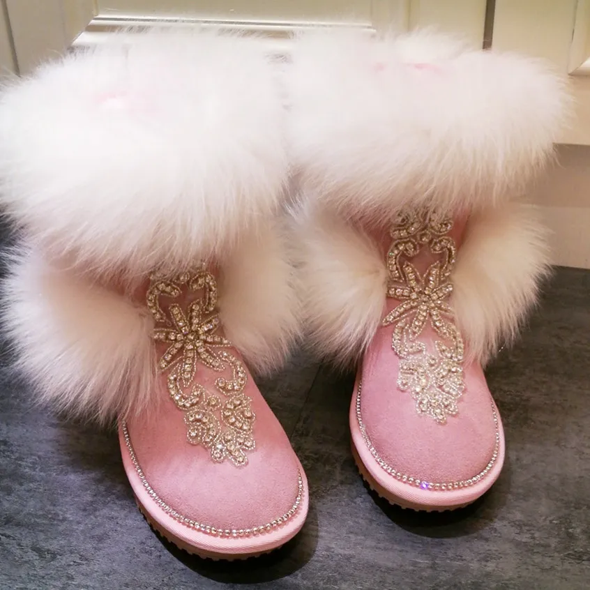 Toe Décontractées À Ronde Filles Luxe Chaussures Nouveau Plates Abesire Bottines 2019 Cheveux Sexy Renard Neige Strass Femmes Slip sur Bottes De Dames Rose aYqw10