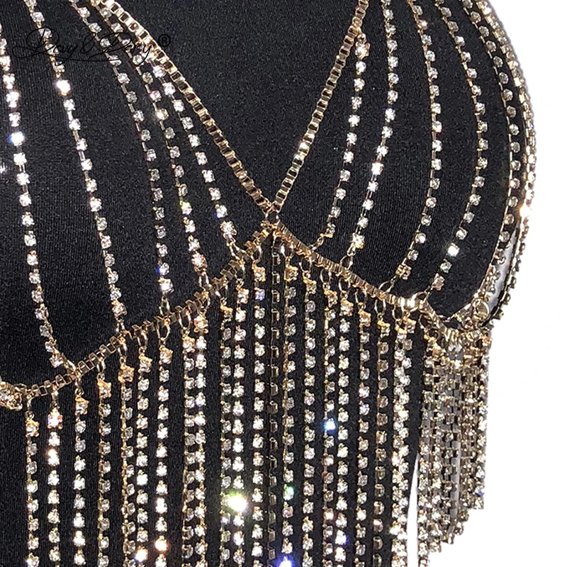 DAVYDAISY Women Sexy Bra Chain Rhinestone Crystal Bling Tassel Bralette Crop Tops Intimates Sexy Lingerie Erotic Bras BR034
