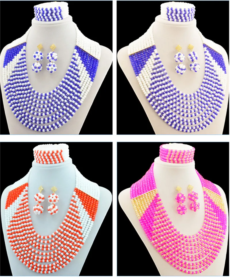 

Fashion Red Blue White Nigerian Crystal Beads Necklace Bracelet Earrings Sets African Wedding Beads African Beads Jewelry Sets