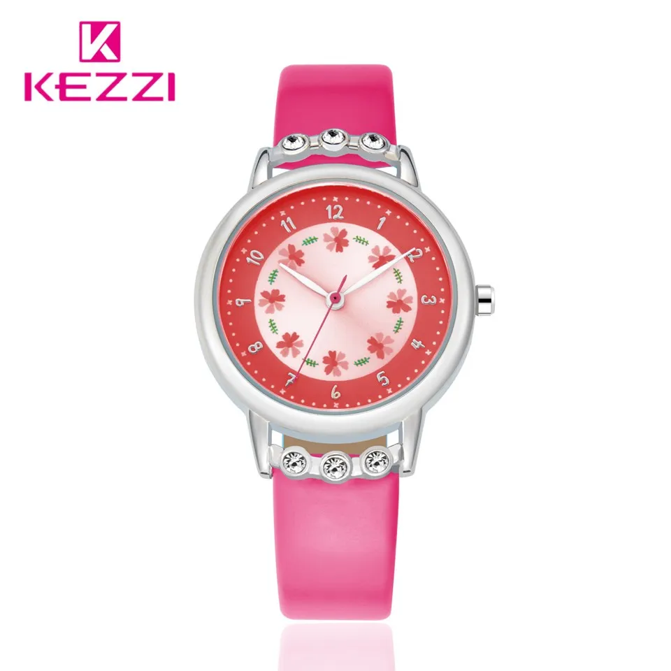 Kezzi, детские часы для девочек, стразы, цветы, кожаный ремешок, наручные часы для студентов, Мультяшные кварцевые часы, montre enfant