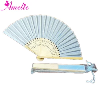

50pcs Chinese Personalized Bamboo Folding Hand Fan Guest Giveaways Wedding Favors Gift Silk Fan With Organza Bag