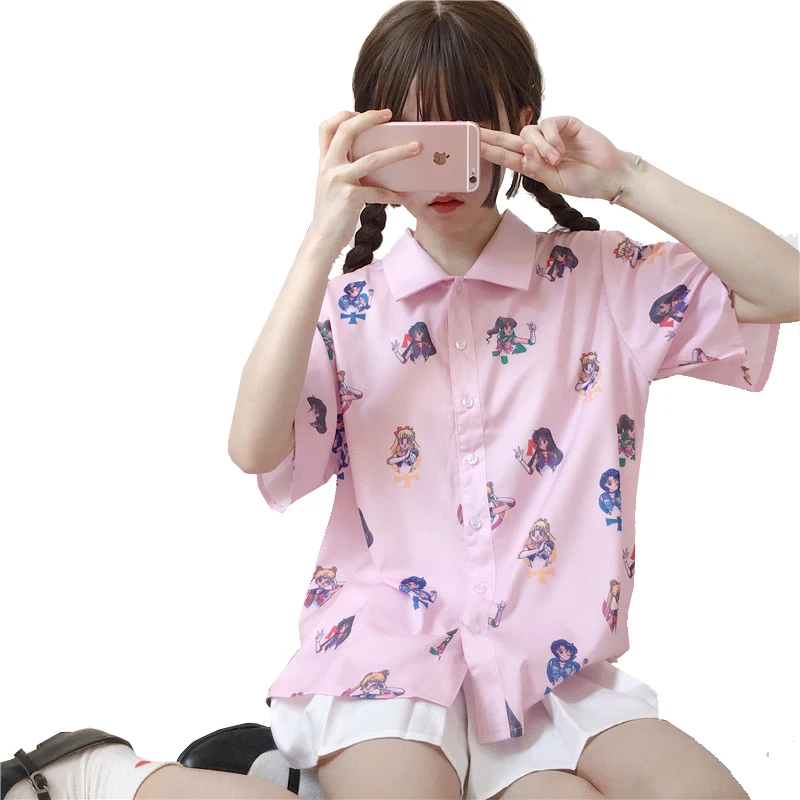 Najtaniej Sailor Moon Druku Koszula Harajuku Kobiety Bluzka Z Kr oacute;tkim Rękawem Lolita Dziewczyny Luźne Bluzki R oacute;żowy Topy Anime Lato Tee Hurtownie Lot